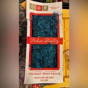 Vintage turquoise Blue Tinsel Garland. 50ft.